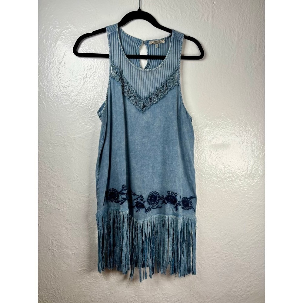 Gimmicks BKE Fringe Tank Top Dress Blue Medium Embroidered Boho Cowgirl Festival